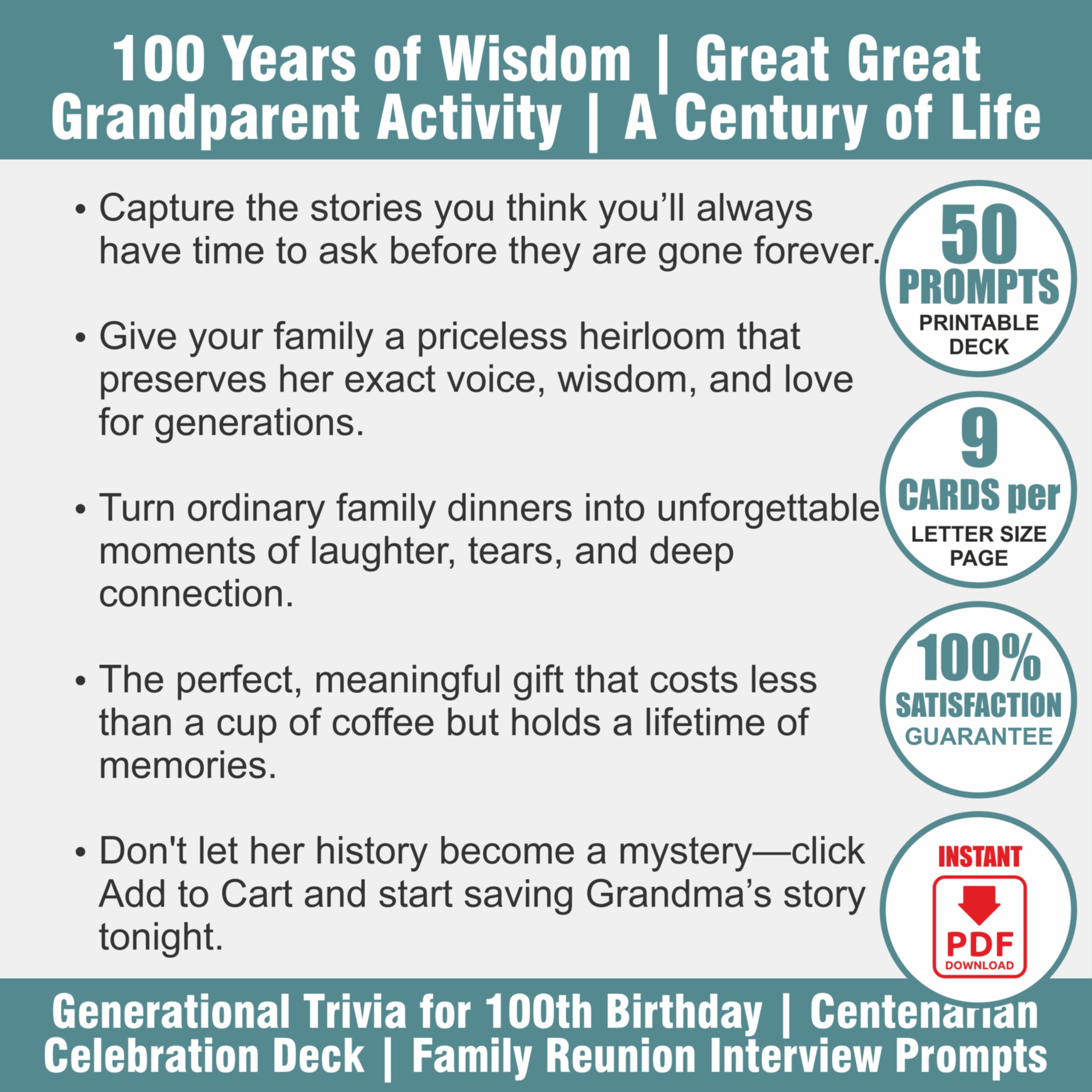 100th Birthday Game | A Century of Memories | Centenarian Party Activity | Conversation Cards PDF - View 2